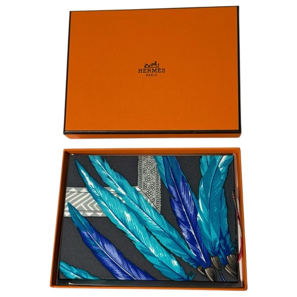 Hermes Brazil Silk Notebook Multicolor Blue Grey Feather Motif New With Box - Picture 2 of 8